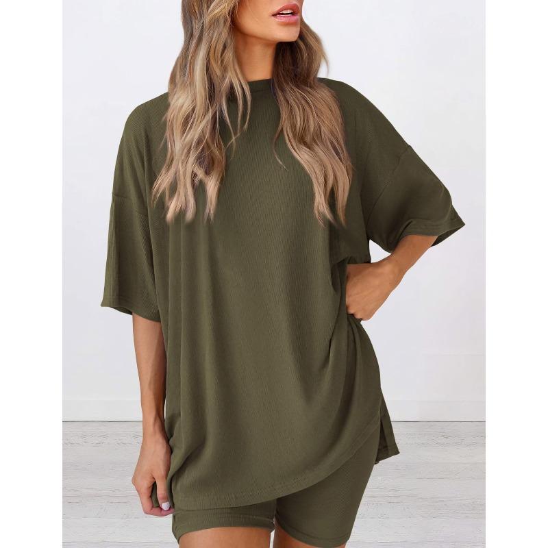 Women's Crew Neck Half Sleeve Oversized T Shirt Biker Shorts Loungewear Two Piece Pajama Set Casual Solid Outfit