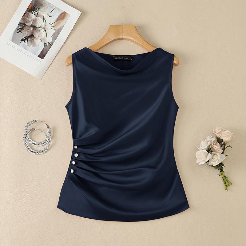 ZANZEA Women Elegant Swing Collar Summer Casual Sleeveless Vest Tops M тёмно-синий