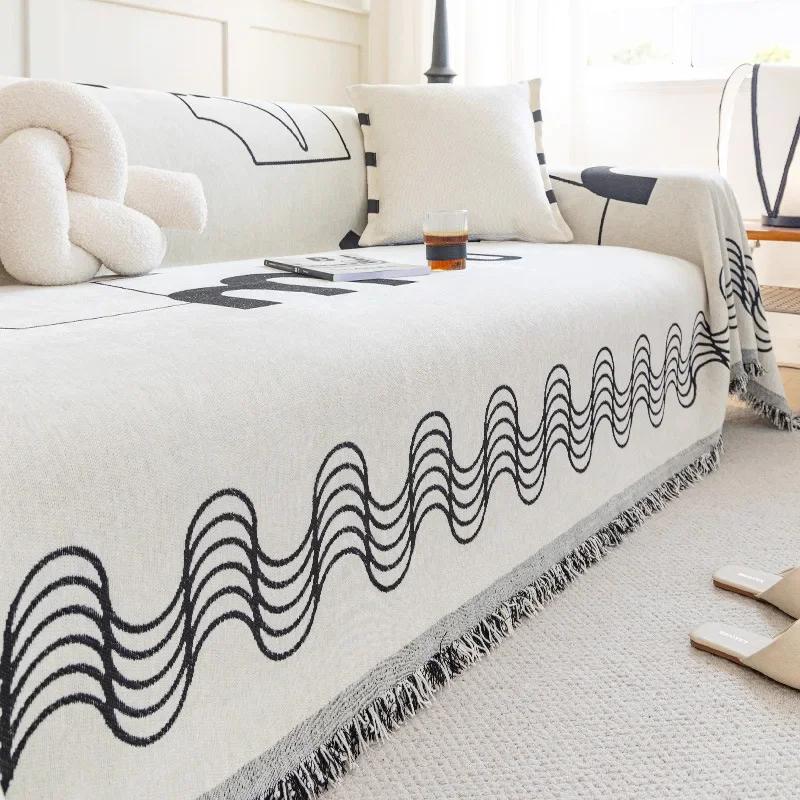 

Four Seasons Universal New Sofa Mat Chenille One-piece Type Simplicity Sofa Towel Inclusive Cover Cloth INS Wavy Line Sofa Towel 180x130cm1pcs чорний