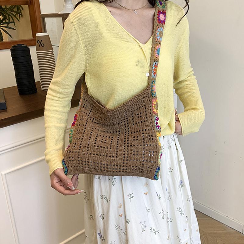 Large Capacity Fashion Cut-out Boho Tote Bag Trendy Floral Crochet Handmade Knitted Bag Vintage Multicolor Hollow Out Handbag