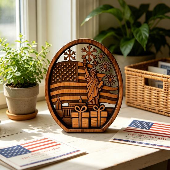 Patriotic 4th of July Table Centerpiece Wooden America Flag Lady Liberty Standing Sign for Independence Day Farmhouse Tiered Tray Decor