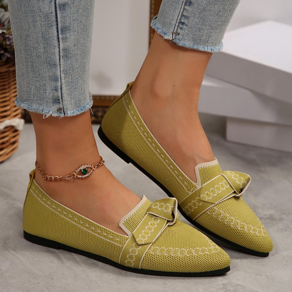 Skinny Pointed Large Size Flat Single Shoes Women'S Flying Weaving One Pedal Bow Casual Breathable Versatile Shoes