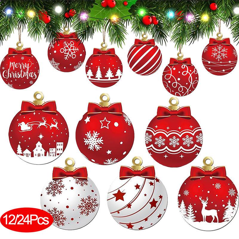 12/24Pcs Christmas Wooden Ornament Hanging Decorations For Home New Year Xmas Bell Shaped Pendant DIY Christmas Tree Craft Decor