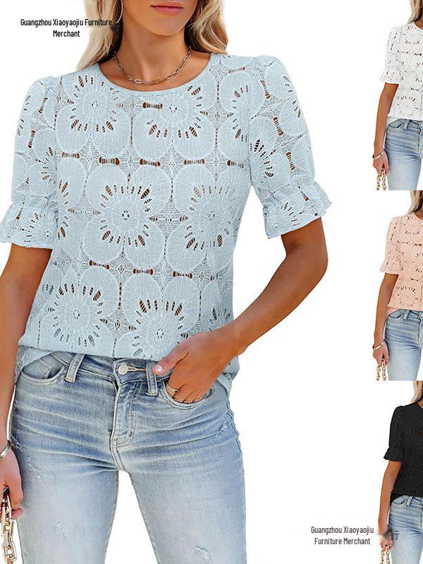 European American Women's Summer Lace Puff Sleeve Top TK2026