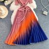 Pleated Diamond-Embellished Round-Neck Midi Dress for Women Summer Short Sleeve Lace-up Stunning Ombre Pleated Dress