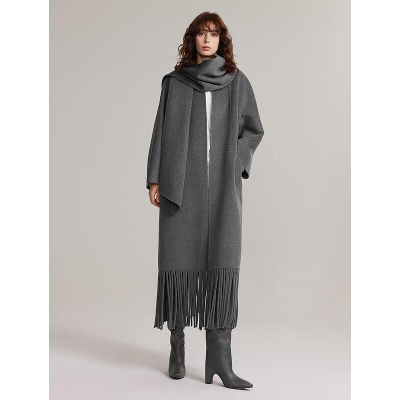 ELLE Women's Lambswool Fringe Double-Faced Coat