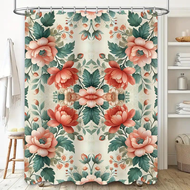 Floral Print Shower Curtain Rustic Style Bath Decor for Home Decoration with Hooks Included in 3D Floral Design Fabric Waterproo