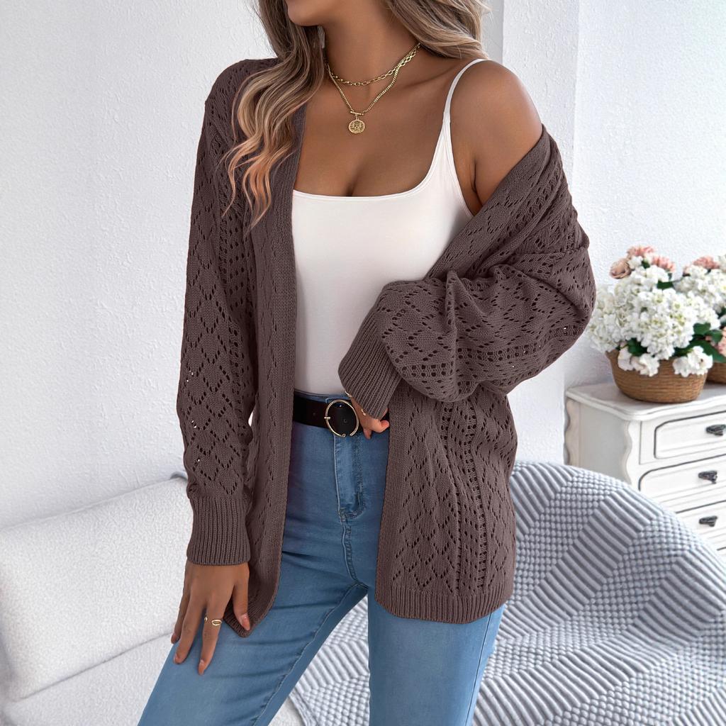 Autumn and Winter, Long-sleeved Cardigan Sweaters with Hollowed-out Lanterns, Mid-length Outerwear for Women
