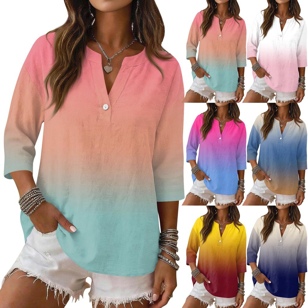 Women Casual Gradient Print V Neck Button Three Quarter Sleeve T Shirt Linen Cotton Blended Top for Daily Wear