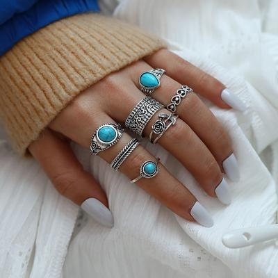 New Women's Ring Fashion Boho Turquoise Rose Totem 7-piece Ring Set for Women