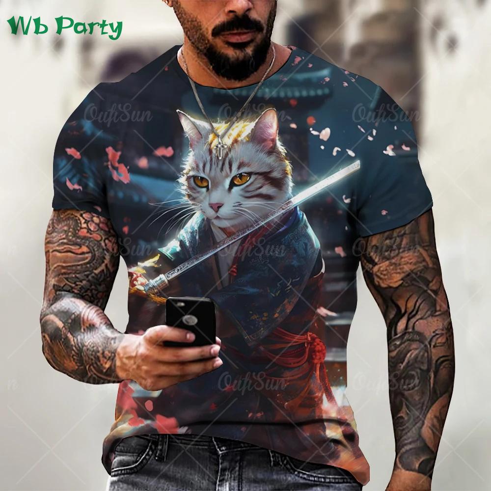 Summer Round Neck Funny Animal Samurai Cat Pattern 3D Print Top Fashionable Casual Short Sleeved Men's T-shirts