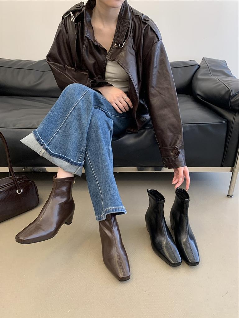 New inner height increase naked boots short boots black dark brown for spring, autumn and winter women