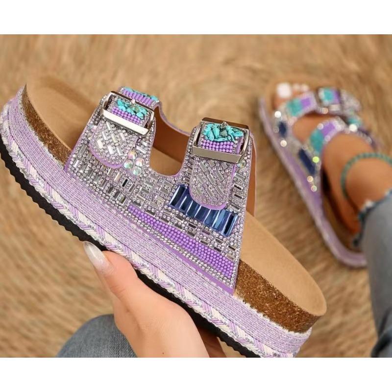 New Style Chunky Sole Hemp Rope Double Buckle Rhinestone Beach Sandals - Plus Size Women's Shoes