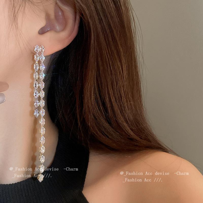 Silver needle zircon long fringed earrings European and American light luxury high-end stud earrings niche fashion versatile earrings women