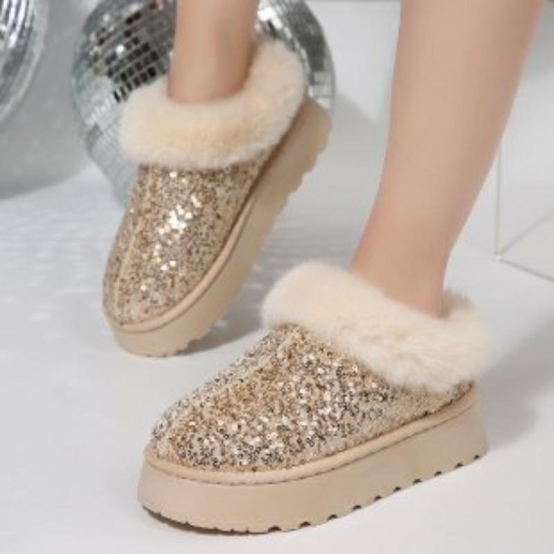 Sequined thick-soled snow boots women's autumn and winter thickened short tube one-pedal fluffy cotton boots