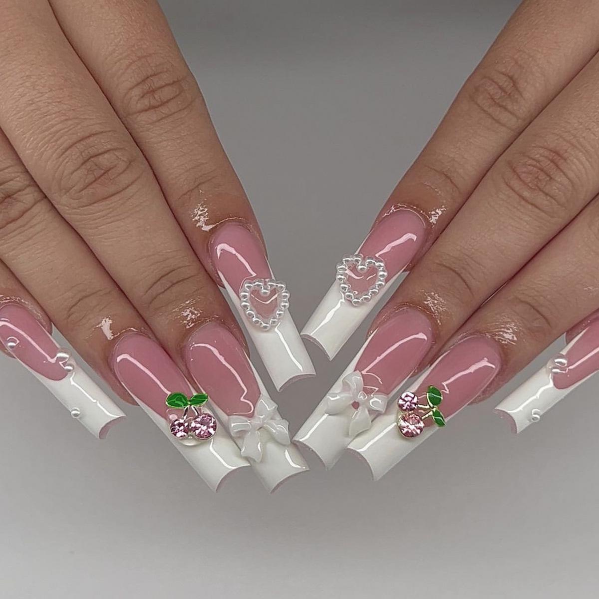 

Long Wearable White French Tip Nails with Ice Transparent Design, Pink Bow, Cherry & Pearl Detailing