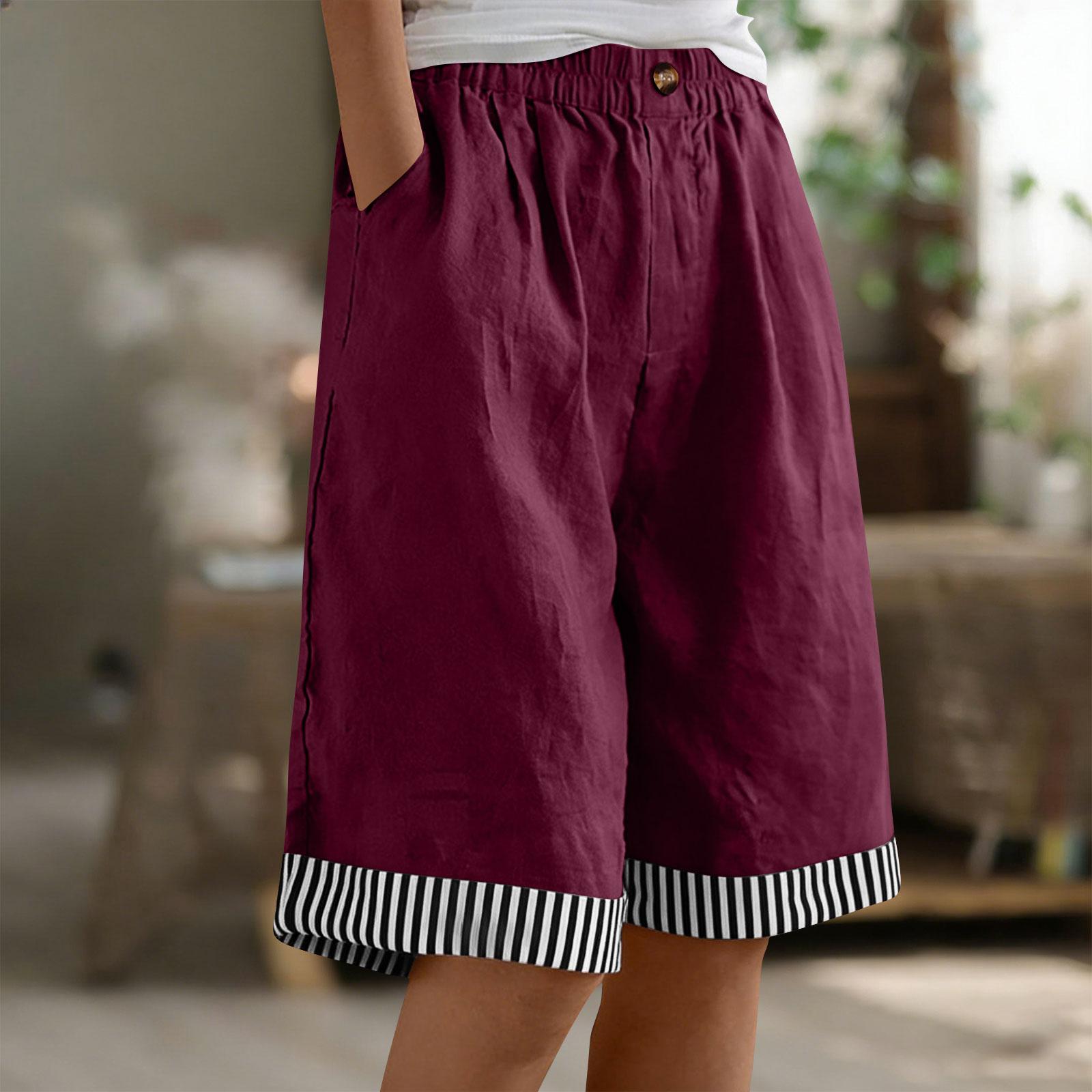 

Women s Fashion Color Stripe Patchwork Loose Button Cotton Linen Casual Five-Four Pants XL винний