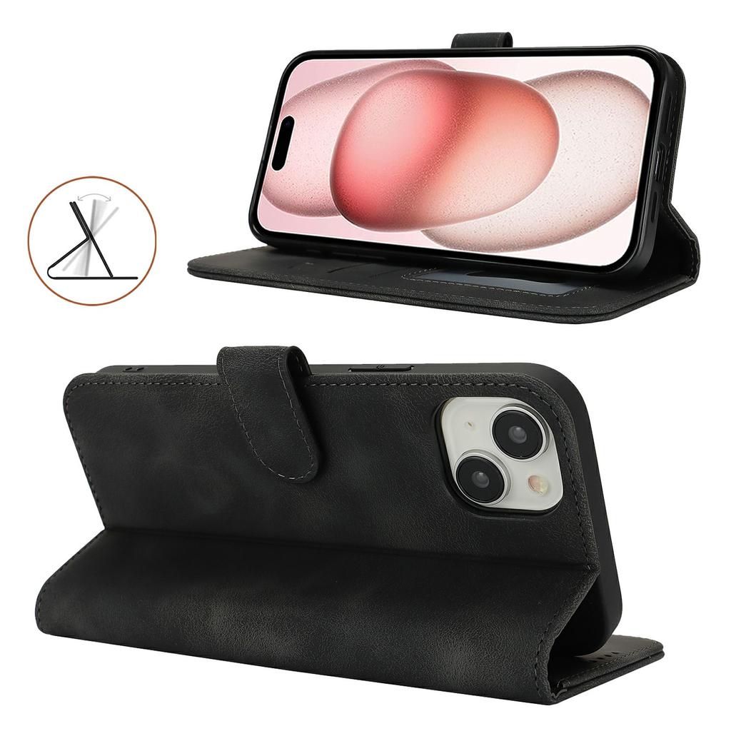 For iPhone 15 Plus/14 Plus Wallet Case Double Folded Edge Skin Touch PU Leather Flip Phone Cover