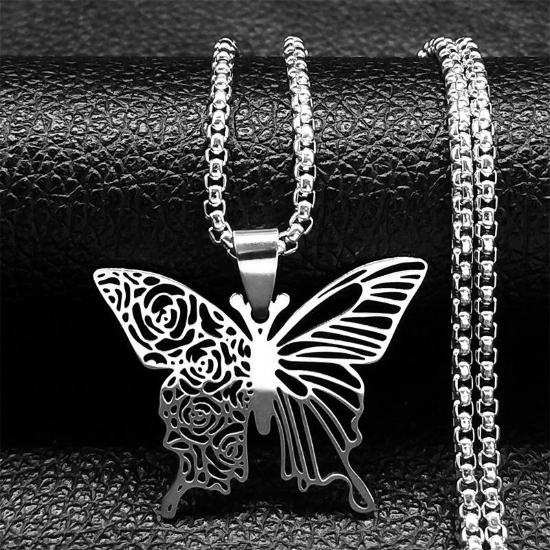 Aesthetic Butterfly Rose Flower Pendant Necklace Stainless Steel Gold Color Hollow Flying Wing Chain Jewelry Colgantes N6121S01