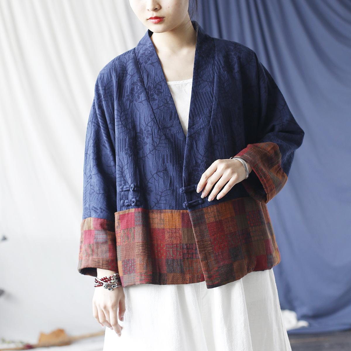 

Johnature Женские винтажные жаккардовые рубашки с цветочным узором, V-образным вырезом, девятью рукавами, цветные топы в китайском стиле, осенние блузки One Size