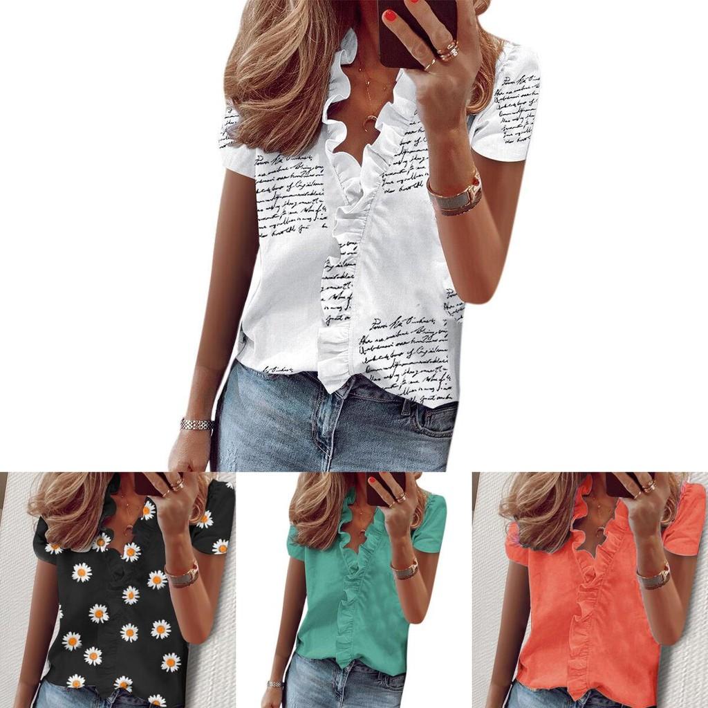 Stylish Women's V Neck Ruffle Short Sleeve T Shirt With Fashionable Daisy Print