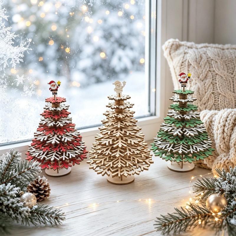 1Pcs Assemble Detachable Colorable Wooden Christmas Tree Diy 3D Snowflake Tabletop Ornament Christmas Decor Holiday Gift
