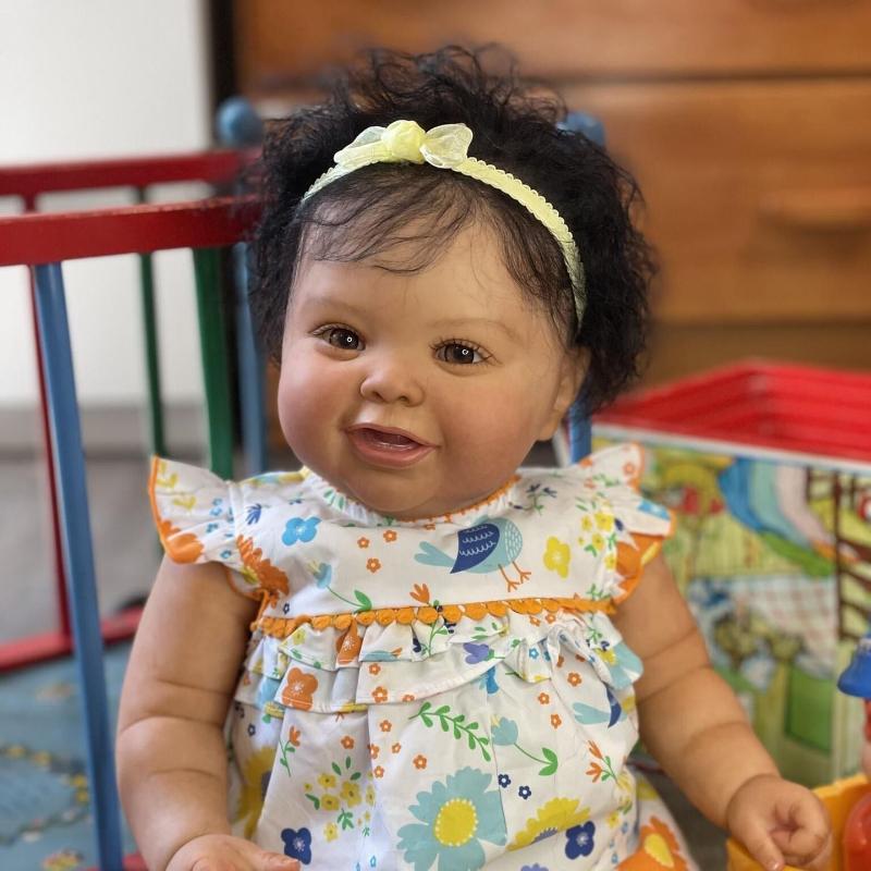 24 " 60 Cm Black Skin Rebirth Baby Doll Girl KODI Sof Cloth Body Simulation Reborn Dolls Lifelike Handmade Rooted Short Curly Hair Newborn Babies Doll