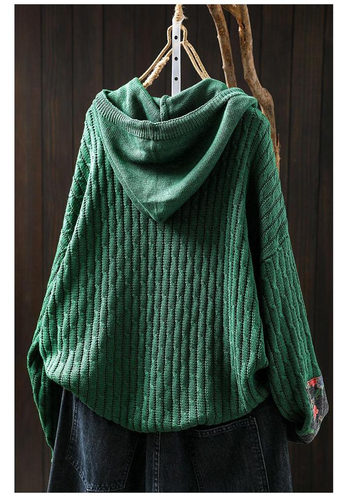 Women's Retro Ethnic Drawstring Hooded Appliqué Knit Cotton Sweater - Loose Plus Size for Spring & Autumn