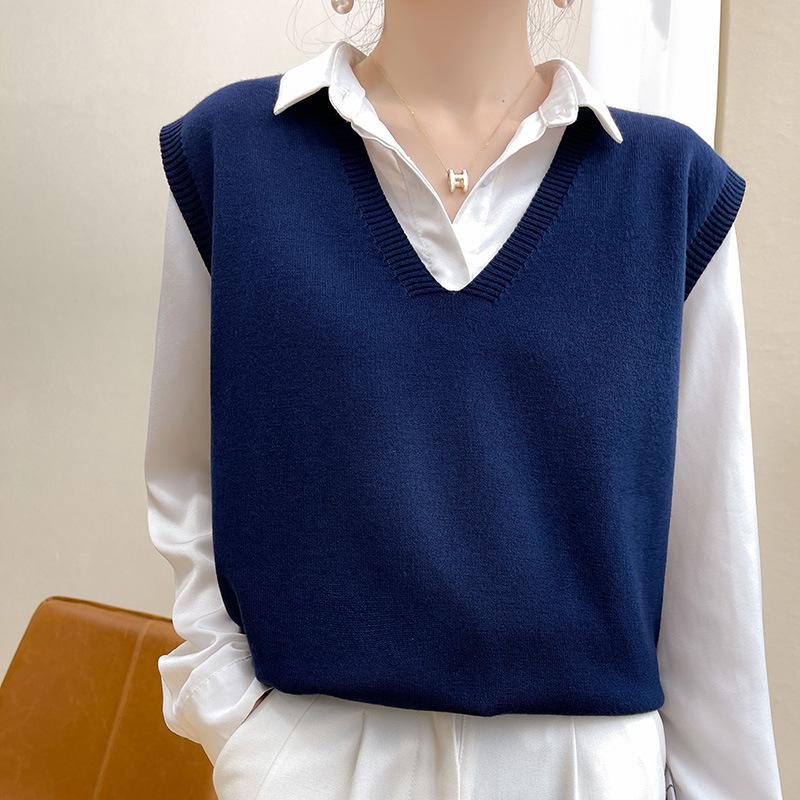 VEZFAA Women's Fashion Casual Fall Winter Solid Color Print Sleeveless V-Neck Sweaters