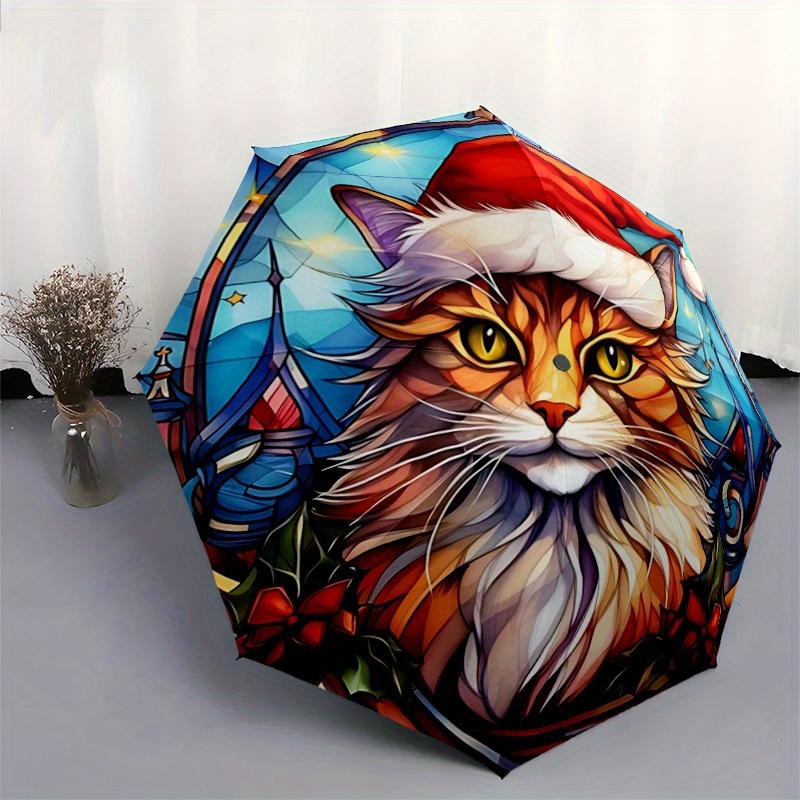 1pc Christmas Cat Automatic Opening and Closing Umbrella, Lightweight 3-Fold, With Cute Cartoon Characters, Suitable for Home, Outdoor and D