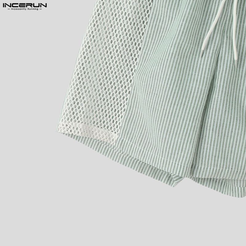 INCERUN Men Drawstring Elastic Waist Striped Hollow Beach Sports Shorts Pants