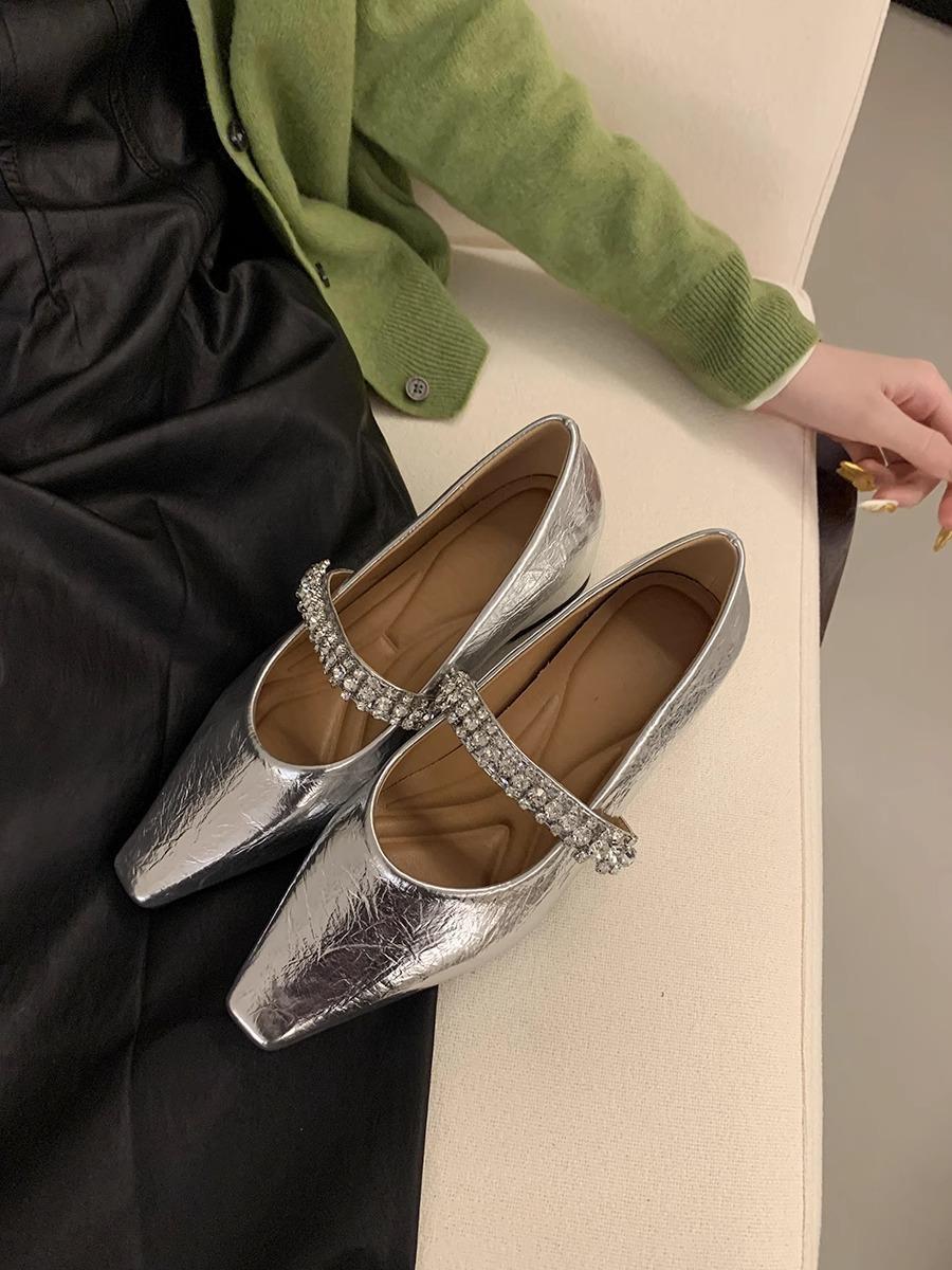 

Inner height increase silver premium heel rhinestone temperament light mouth single shoes women s spring new French fairy style Mary Jane shoes 35 серебряный