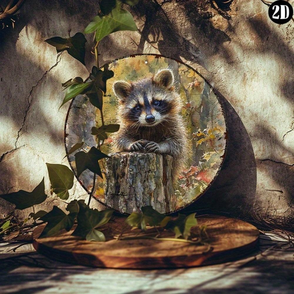 Raccoon Metal Tin Sign 8 Inch Round Wall Decor Art Rustic Vintage Home Hanging