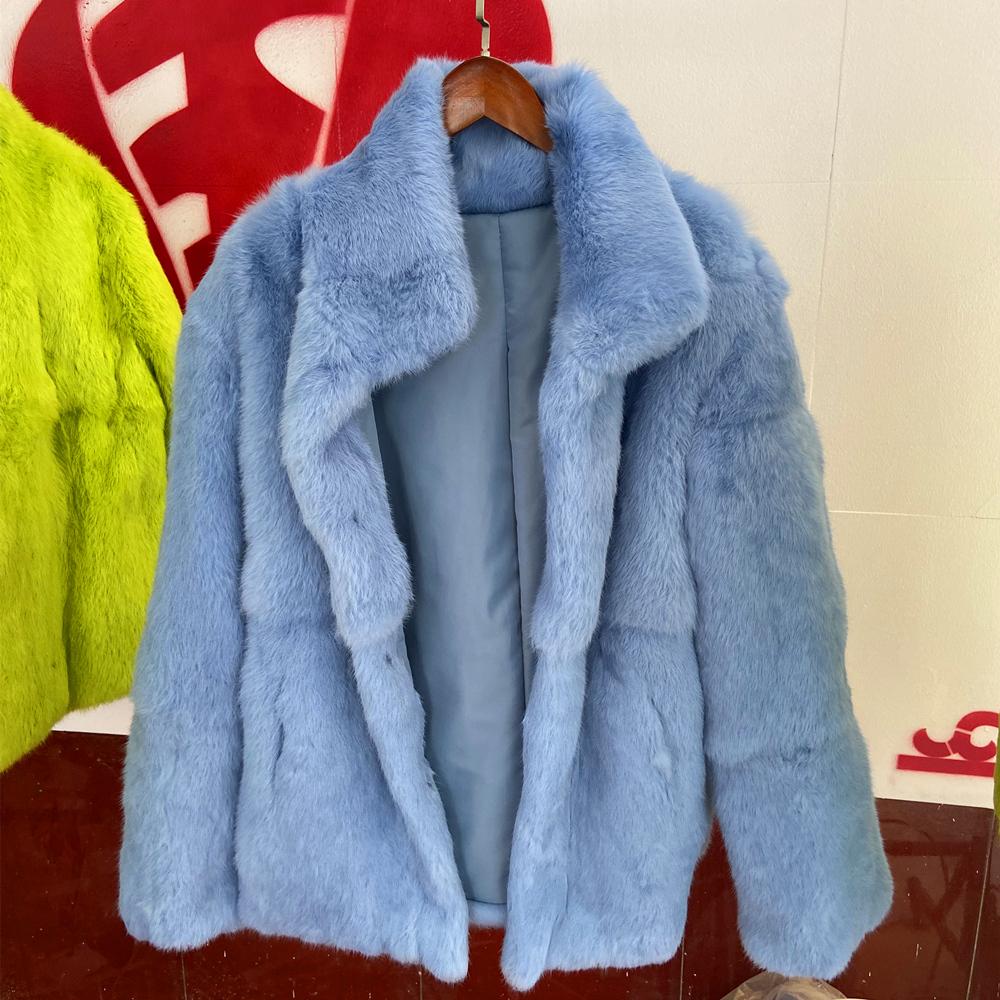 Real Rabbit Fur Coat Long Woman Winter Fashion Stand Collar Plus Size Luxury Warm Outwear Waisted Real Fur