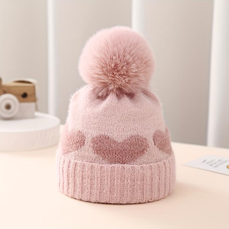 Heart Pattern Knit Beanie, Warm Pullover Knitted Hat for Newborn 3-24 Months Baby Girls
