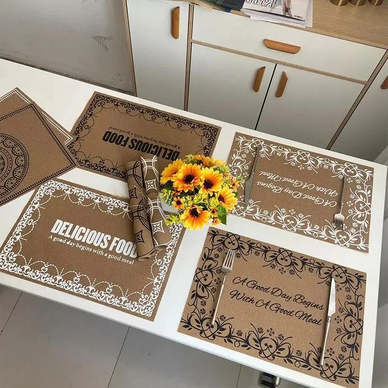 Jute PVC Placemat Square Imitation Hemp Retro Insulation Pad Nordic Washable Woven Meal Mat Placemat for Dining Table Decor Pad