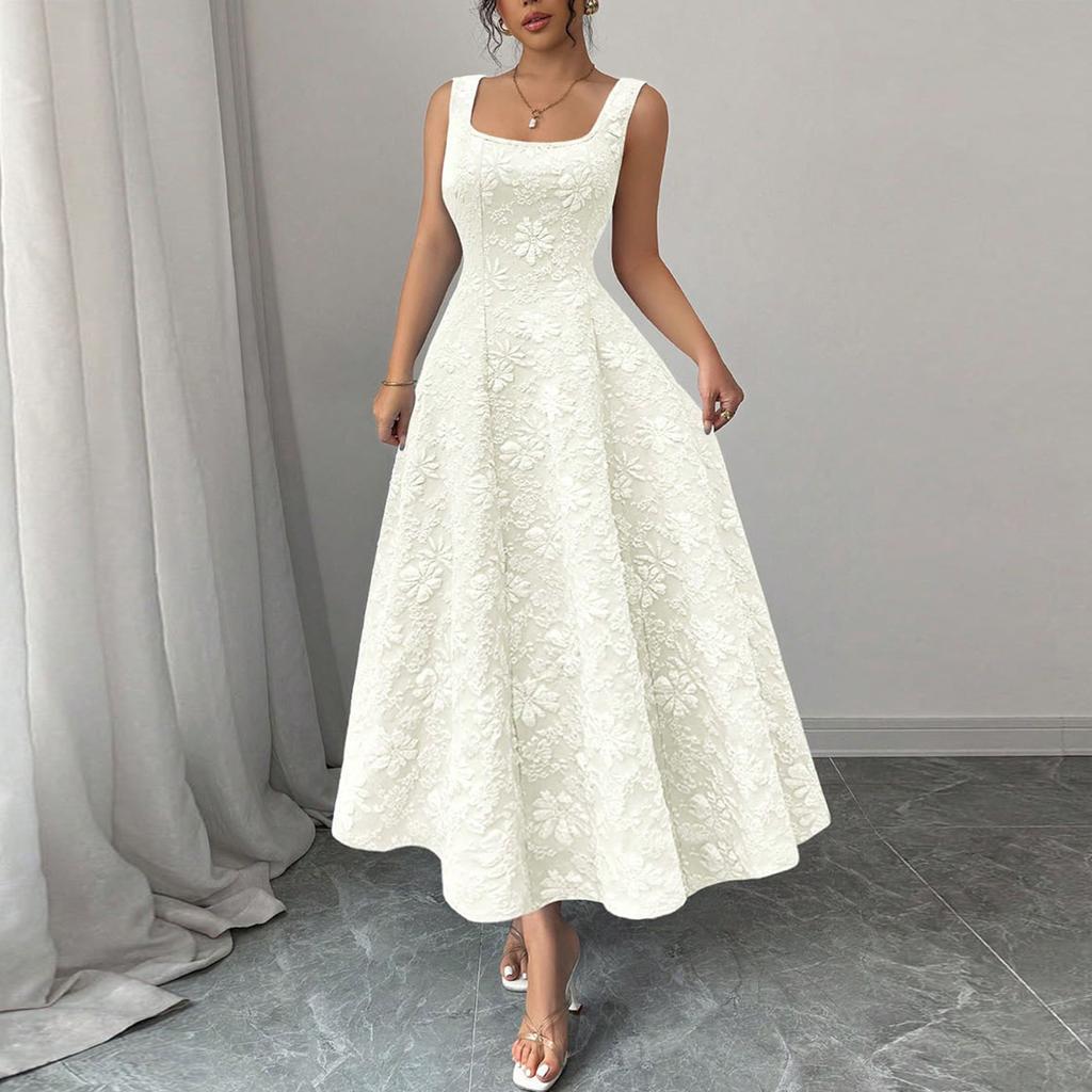 Women's Fashionable Color Square Neck Pullover, Fresh And Sweet Waist Cinched A-line Length Dress