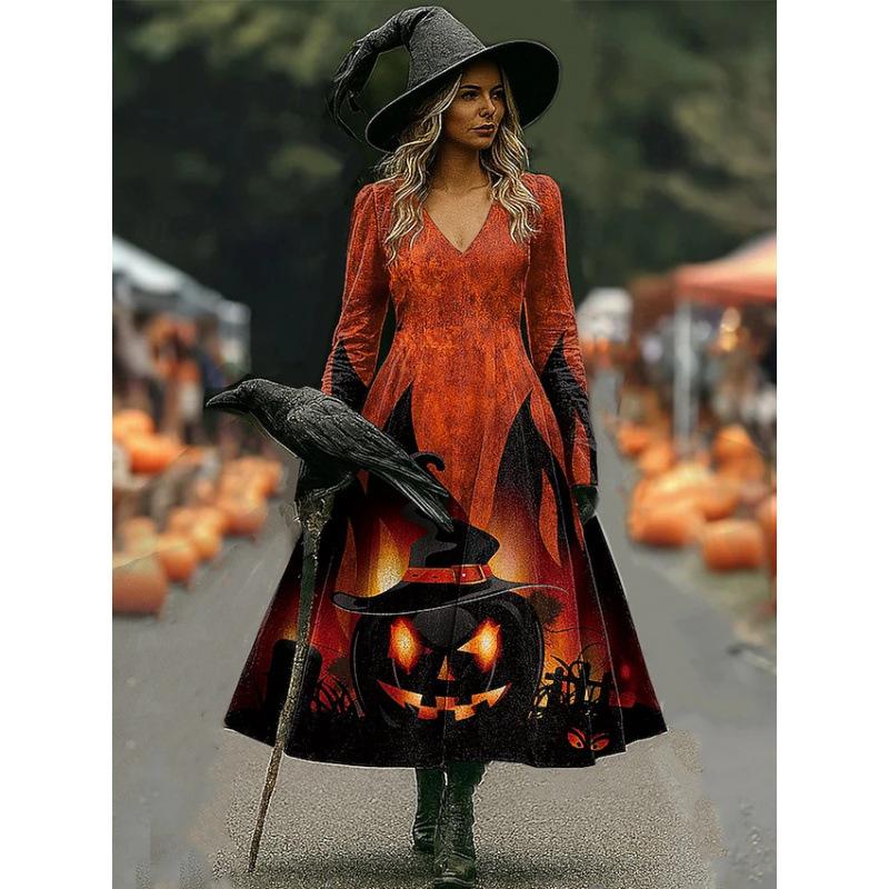 IFICY Women's Fashion Spring Autumn Long Sleeve V‑Neck High Waist Retro Bohemian Casual Dresses