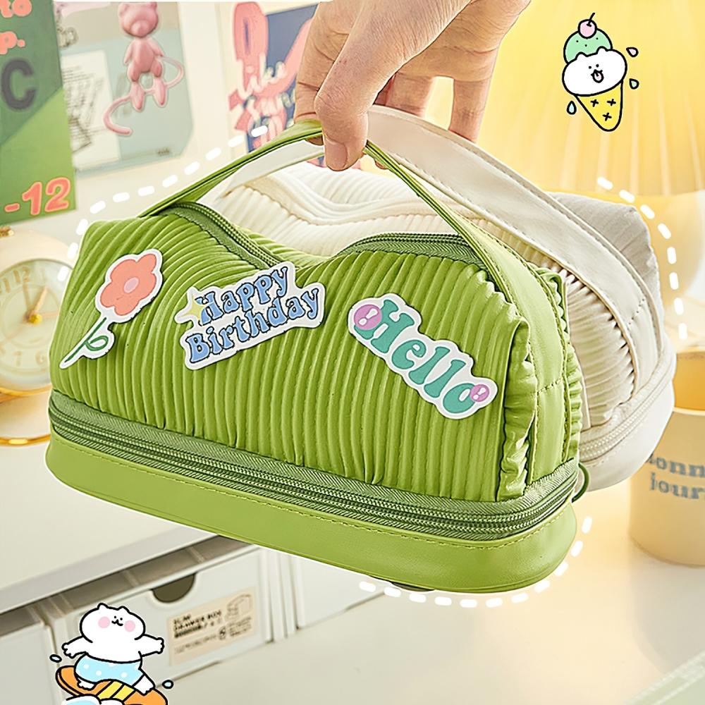 Dvoupatrový sáček na tužky Pouzdro na tužky Avokádově zelené krémové bílé PU pouzdro na kabelku na cesty na make-up psacích potřeb