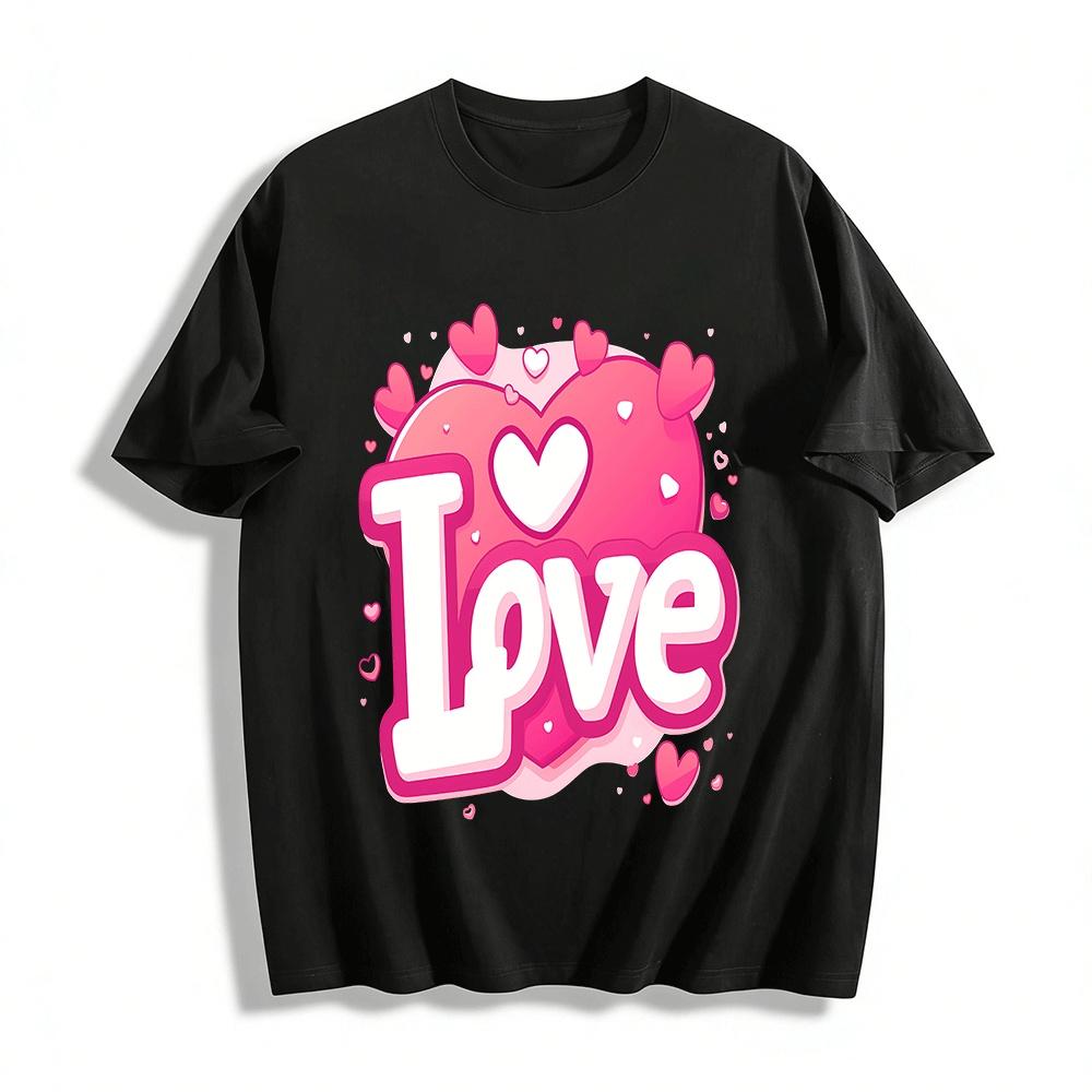 Love Heart Print Casual Couple Style Crew Neck Short Sleeve Top Pure cotton T-shirt XXS