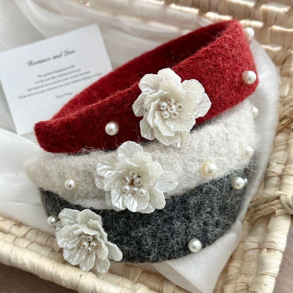 Korean Style Floral Pearl Hair Hoop Exquisite Wide Edge Hairband Flocking Flower Headband  Lady