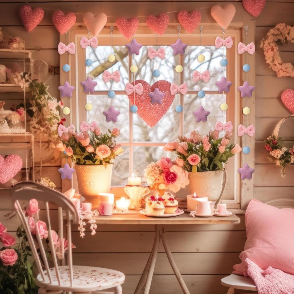 Cute Plush Pink Bow Door Curtain Kawaii Cutecore Room Decor 33" L X 35" W Fluffy Bowknot Purple Star Pentacle Garland Curtain for Women Bedroom Door