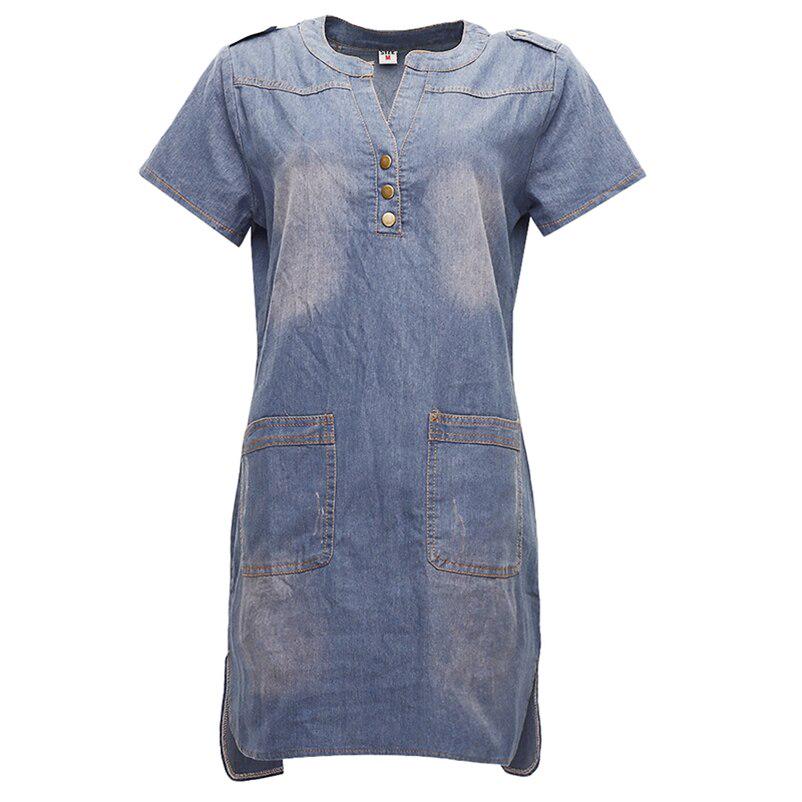 Frauen Casual Slim V-ausschnitt Büro Hemd Jeans Plus Größe Denim Kleid Vestidos Robe
