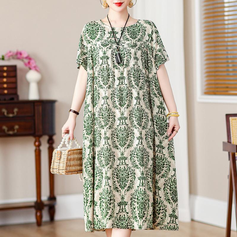 Plus Size Loose Vintage Print Langes Kleid für Damen Lässige Kurzarm-Sommer-Damenkleider
