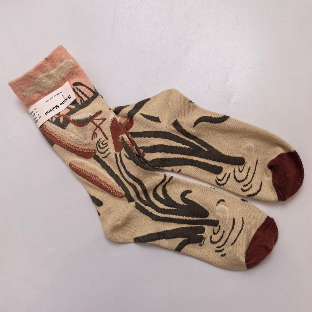 French Artistic Oil Painting Series: Colorful Trendy Mid-Calf Cotton Socks for Women