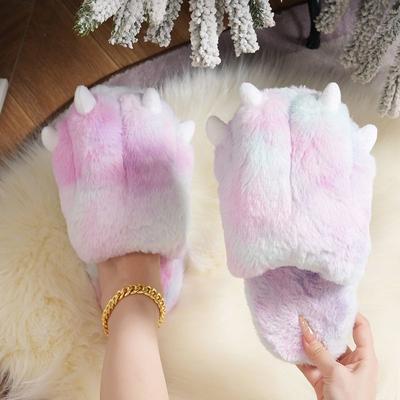 New Novelty Bear Paw Slippers Winter Women's Designer Light Floor Shoes Woman Rainbow Fluffy Slides Ladies Animals Claw Slippers