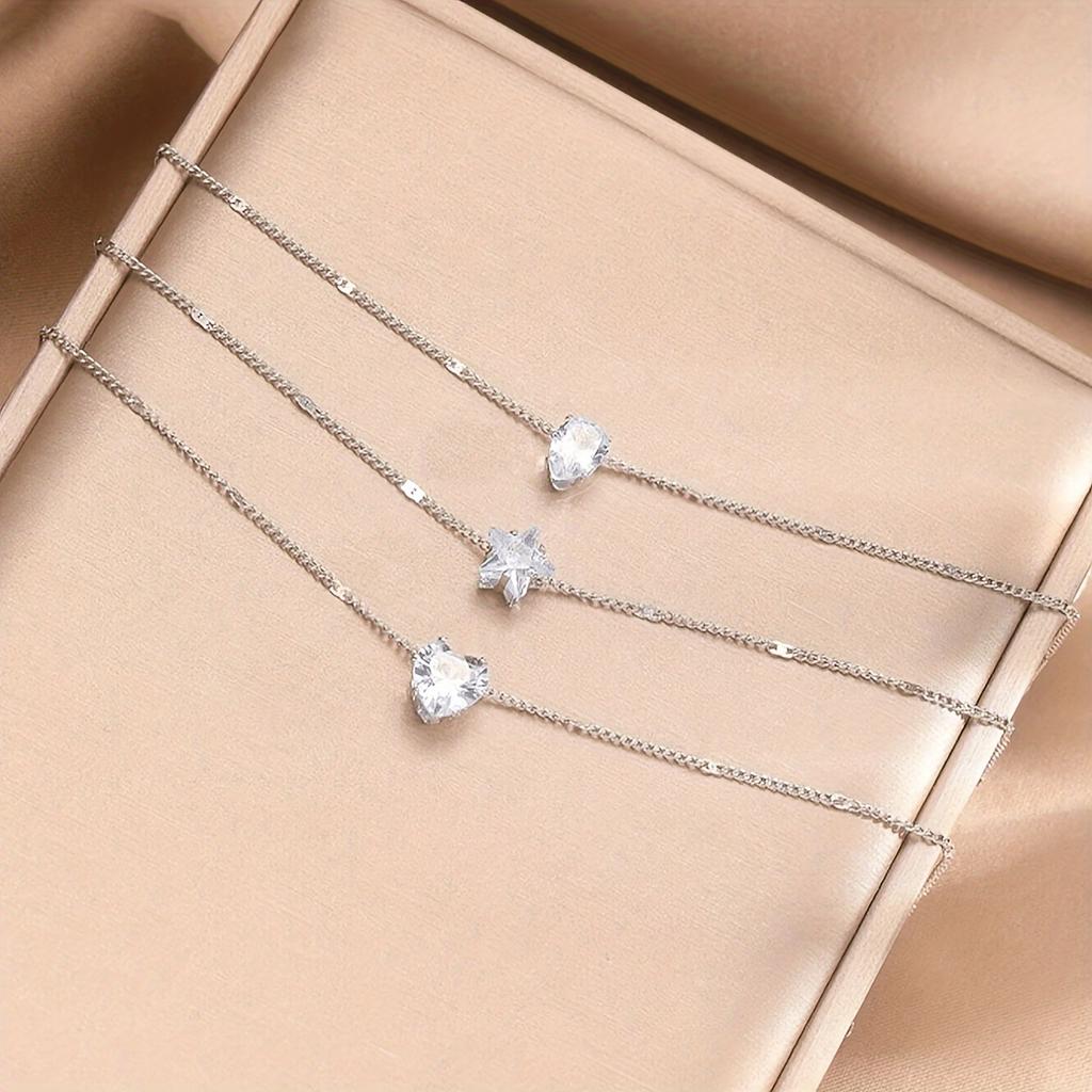 Elegant Multi-Layer Necklace Set for Women, Heart, Star & Teardrop Pendants, Rhinestone Embellished Versatile for Daily & Party Wear