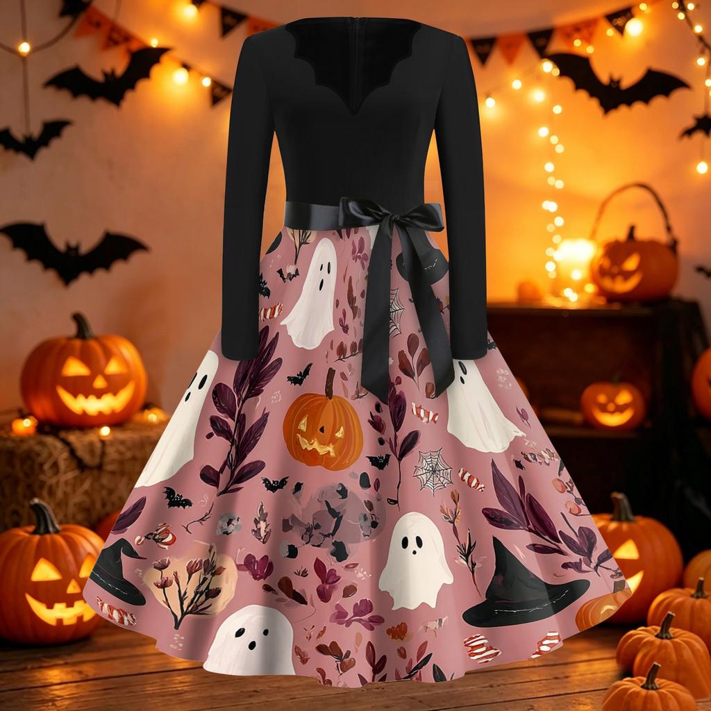Women Casual Vintage Halloween Dress V Neck Long Sleeve Belted Waist Retro Printed Midi Dress for Autumn and Party