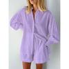 Fall Womens Printed Cotton Blouse And Shorts Set With Pockets For Casual Office Wear