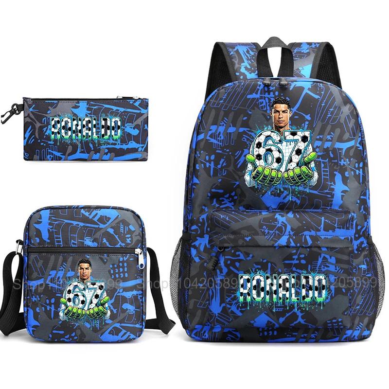 CR7 Ronaldo Backpack Football 67 Print School Bag With Shoulder Bag & Pencil Case For Student Boys Gift Daily Travel Rucksack